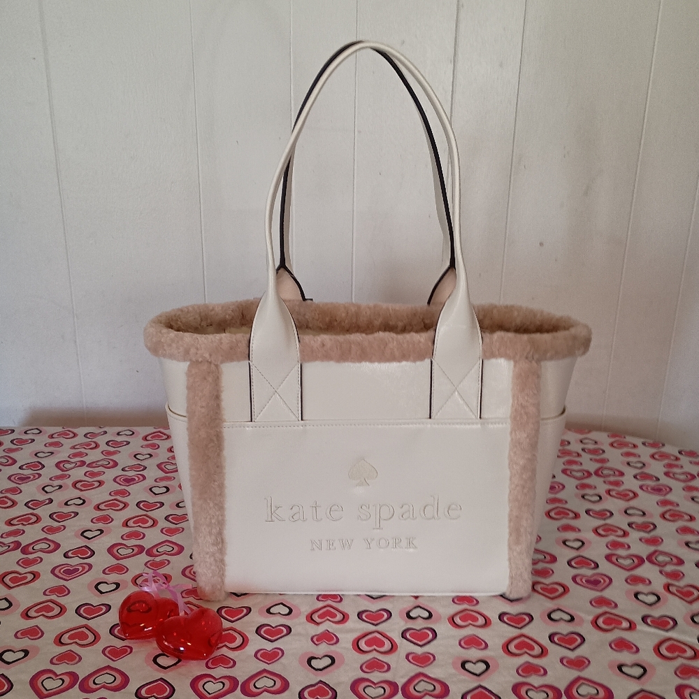 SOLD- NWT Kate Spade Meringue Cream White Jett Shearling Trim Large Tote Purse - Picture 1 of 16
